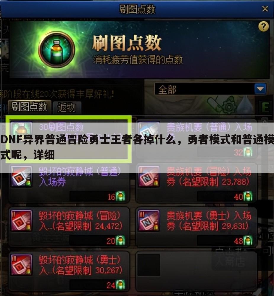 DNF异界普通冒险勇士王者各掉什么,勇者模式和普通模式呢,详细