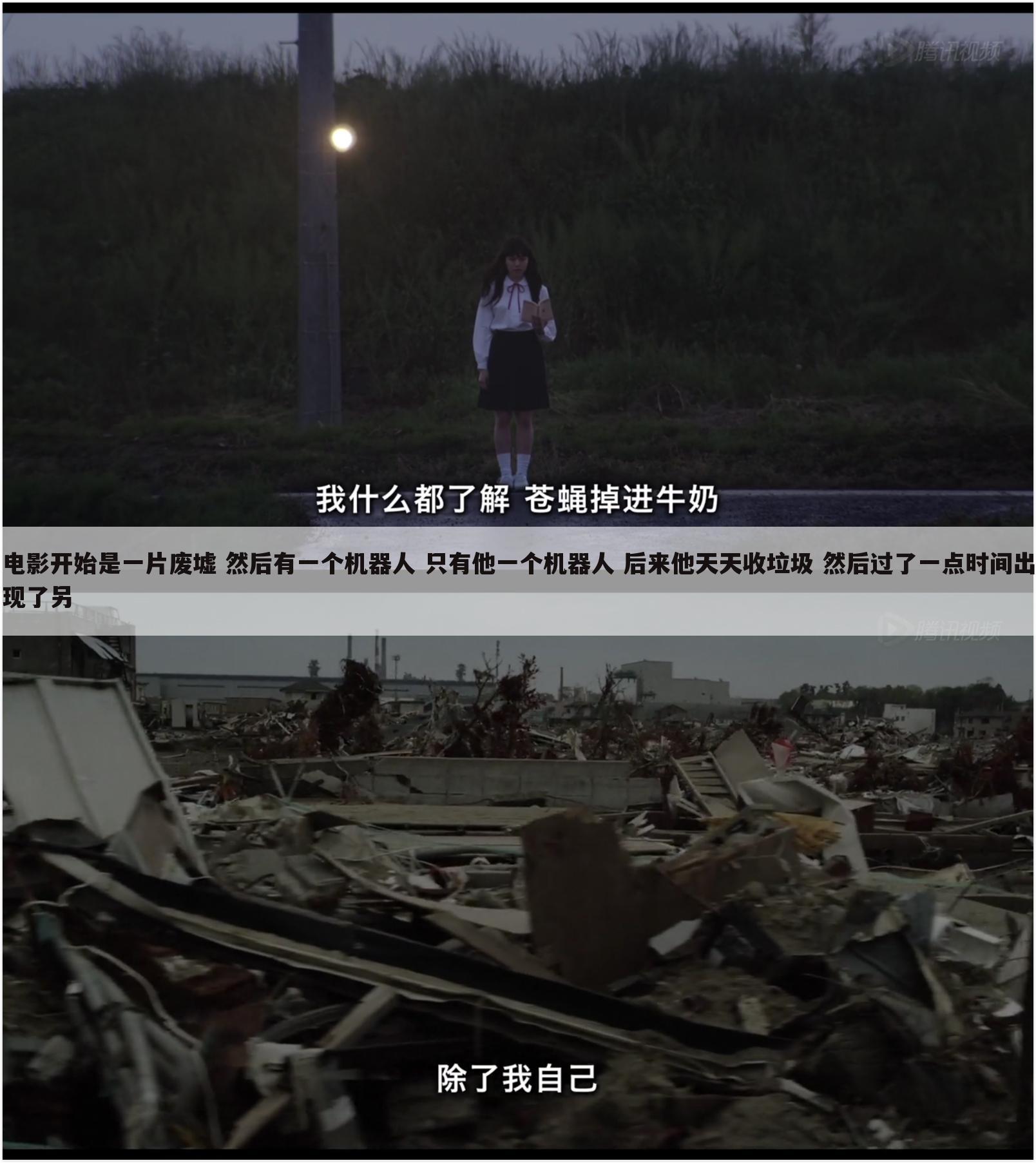 电影开始是一片废墟 然后有一个机器人 只有他一个机器人 后来他天天收垃圾 然后过了一点时间出现了另